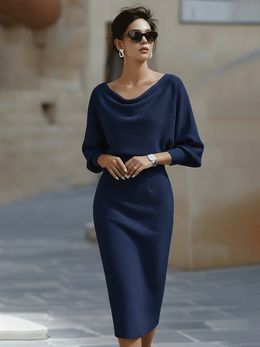 Kobiece Midi Sukienka Bodycon z Drapowanym Dekoltem – Styl na wesele z Rękawami Motylkowymi