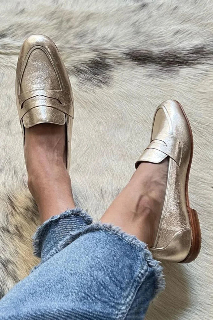 Damskie Loafersy Metaliczne Złote Płaskie