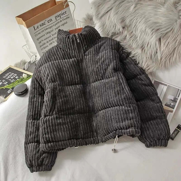 Kobiecą Oversized Kurtka Puchowa z Cordurowego Materiału – Pikowana Wysoka Kołnierz na Zimowe Dni