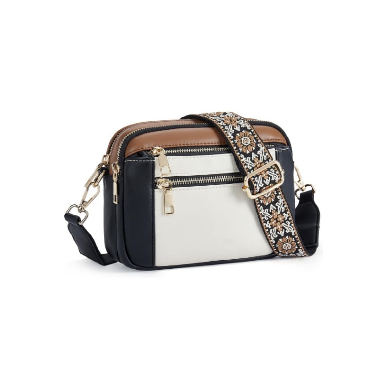 Kobiecza torebka crossbody z wieloma zamkami i nadrukowanym paskiem