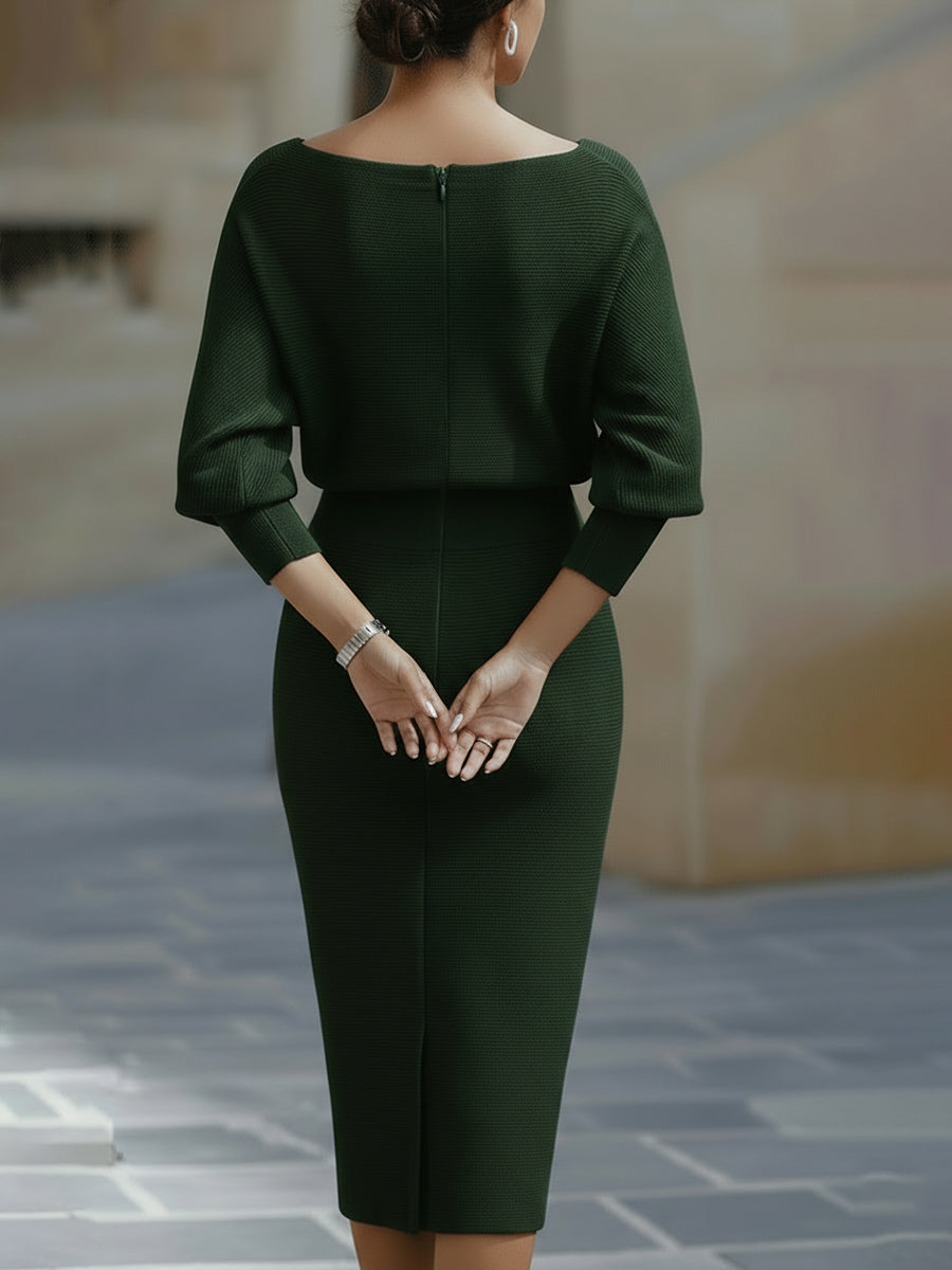 Sukienka Midi Bodycon dla Kobiet – Styl z Drapowanym Dekoltem i Rękawami Nietoperzowymi na Eleganckie Wydarzenia