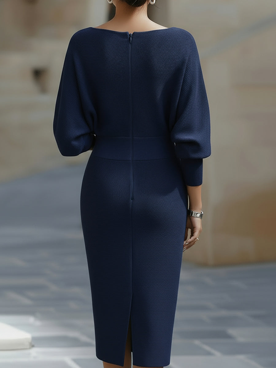 Sukienka Midi Bodycon dla Kobiet – Styl z Drapowanym Dekoltem i Rękawami Nietoperzowymi na Eleganckie Wydarzenia