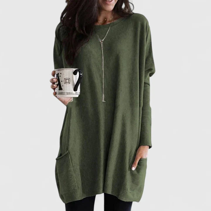 Damski sweter tunika w stylu longline – Luźny fason z długim rękawem i kieszeniami na co dzień