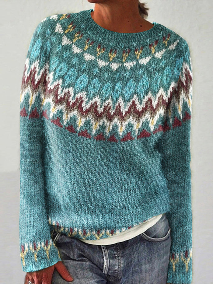 Damski Sweter z Okrągłym Dekoltem i Wzorem Fair Isle