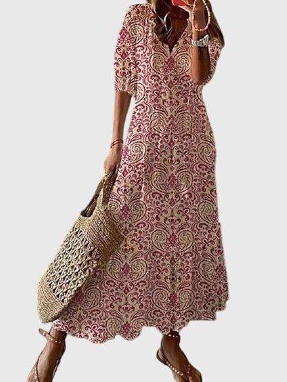 Damska Sukienka Boho Maxi w Print – Luźny Styl z Dekoltem w Serek na Lato i Okazje Codzienne