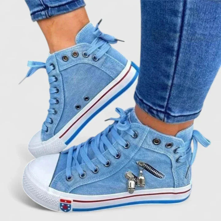 Damskie Trampki Denimowe Wysokie – Lekkie Sneakersy z Zapięciem na Sznurowadła i Boczny Zamek