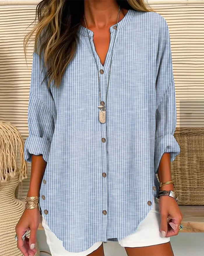 Damska Luźna Bluzka Button-Up w Długim Kroju – Casual Letni Top na Co Dzień