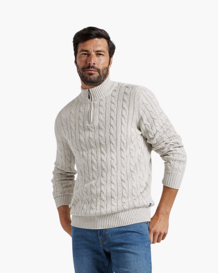 Męski sweter z dzianiny w warkocze z półzamkiem, premium bawełnowy pulower