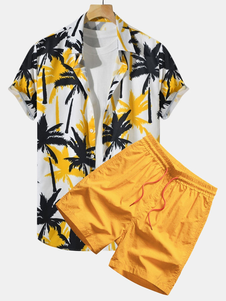 Męska koszula z tropikalnym nadrukiem i szorty kąpielowe - letni zestaw nadmorski