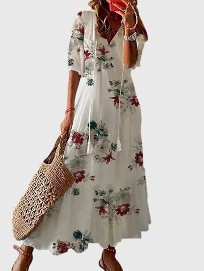 Damska Sukienka Boho Maxi w Print – Luźny Styl z Dekoltem w Serek na Lato i Okazje Codzienne