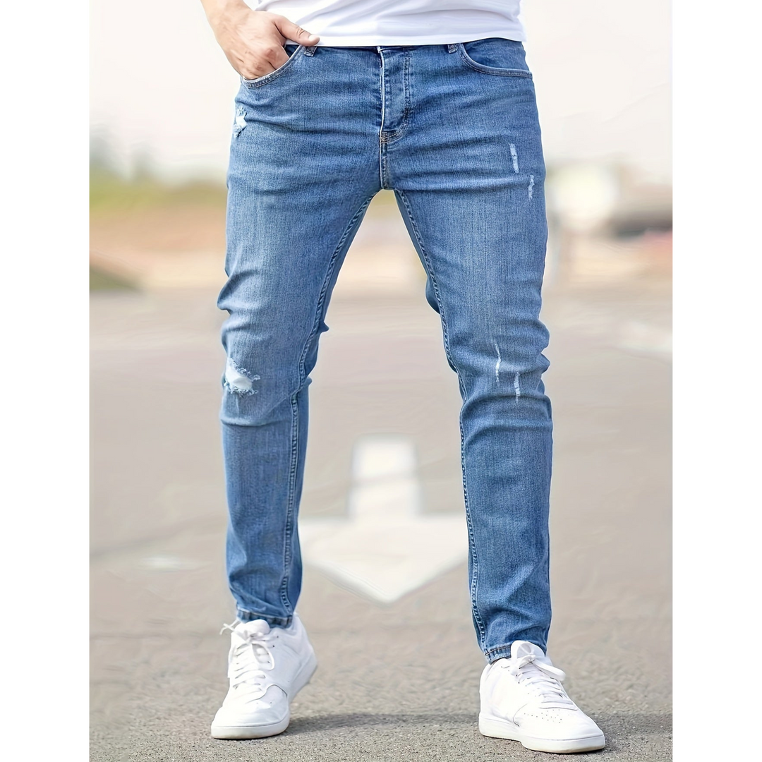 Męskie jeansy w stylu slim fit z przetarciami