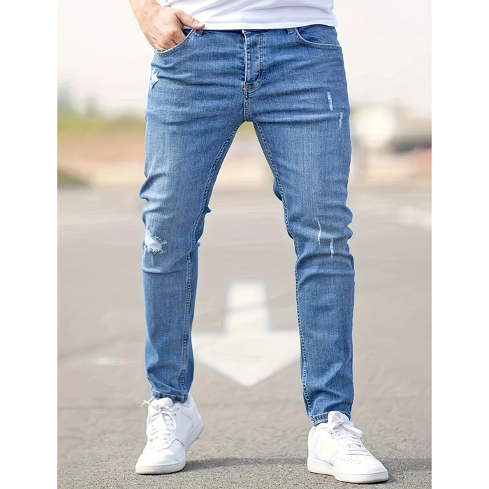 Męskie jeansy w stylu slim fit z przetarciami