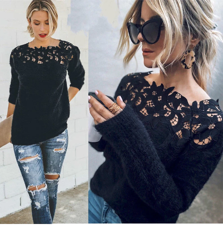 Damski sweter z koronkowym detalem, elegancki, z kwiatowym dekoltem, miękki i lekki
