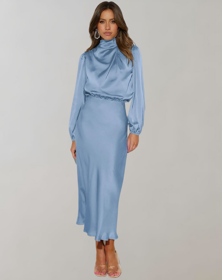 Sukienka midi z satyny dla kobiet, wysoki dekolt, długi rękaw