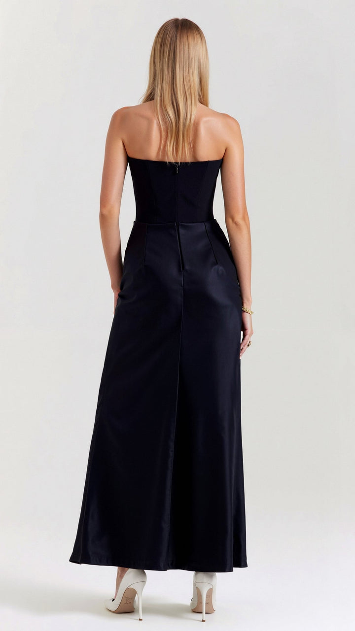 Sukienka Maxi bez ramiączek – Marszczona suknia dla gości weselnych na wieczorne przyjęcia