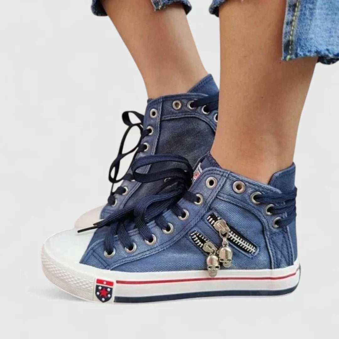 Damskie Trampki Denimowe Wysokie – Lekkie Sneakersy z Zapięciem na Sznurowadła i Boczny Zamek