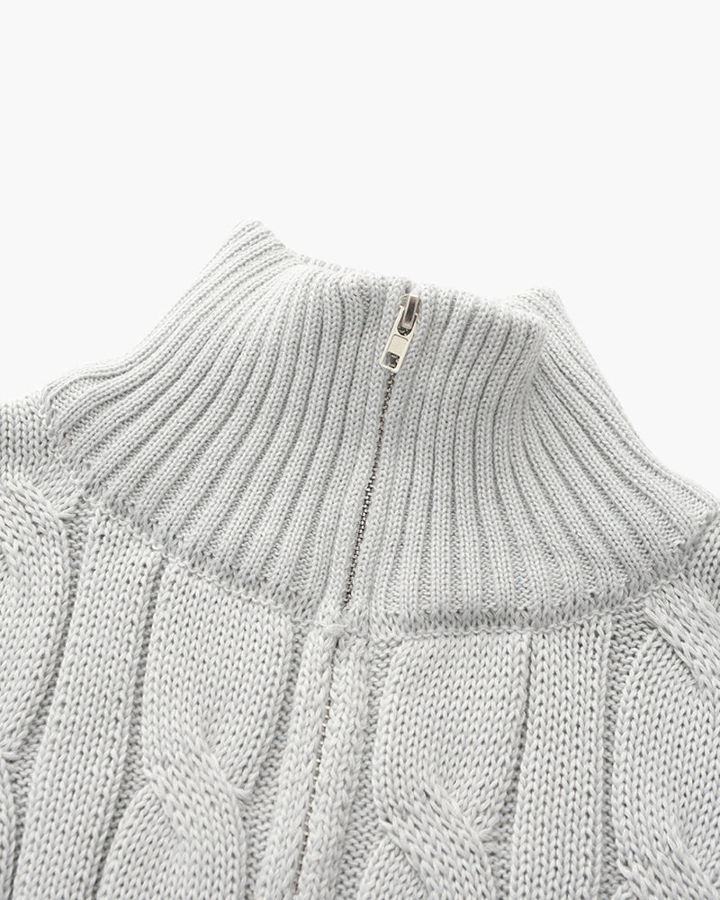 Męski sweter z dzianiny w warkocze z półzamkiem, premium bawełnowy pulower