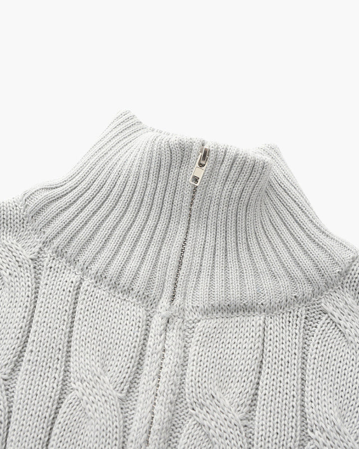 Męski sweter z dzianiny w warkocze z półzamkiem, premium bawełnowy pulower