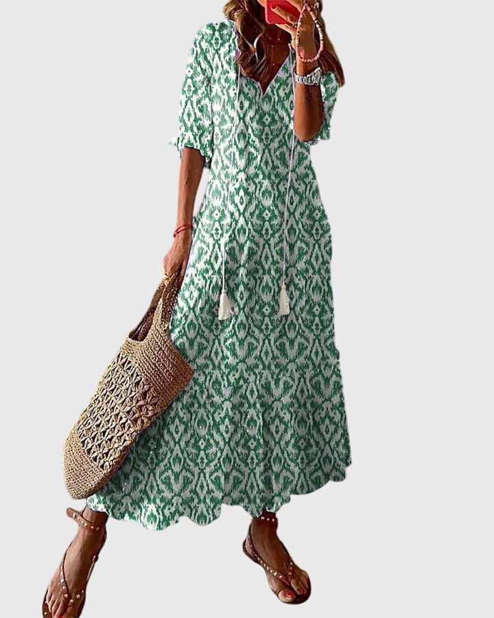 Damska Sukienka Boho Maxi w Print – Luźny Styl z Dekoltem w Serek na Lato i Okazje Codzienne