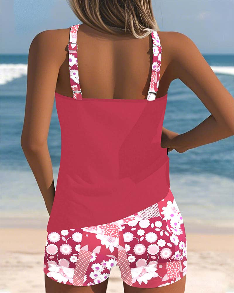 Kobiece Tankini z nadrukiem i szortami – Wygodny dwuczęściowy zestaw na wakacje na plaży