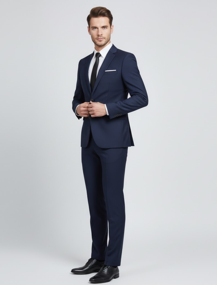 Męski garnitur slim fit w dwóch częściach – nowoczesne krawiectwo na wiosnę i lato do biura oraz na formalne wydarzenia
