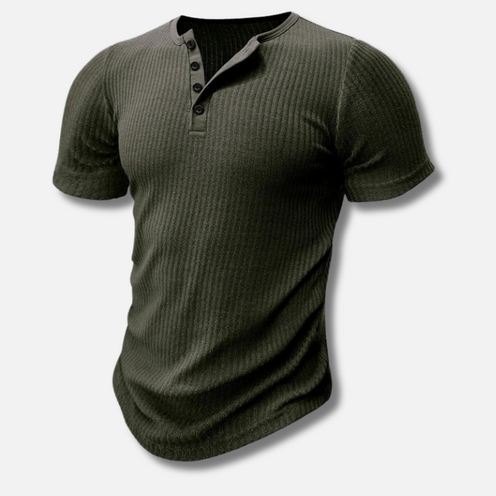 Męska koszulka Henley z krótkim rękawem w wąskim kroju z prążkowanej tkaniny
