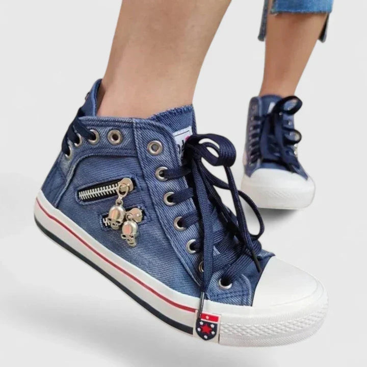 Damskie Trampki Denimowe Wysokie – Lekkie Sneakersy z Zapięciem na Sznurowadła i Boczny Zamek