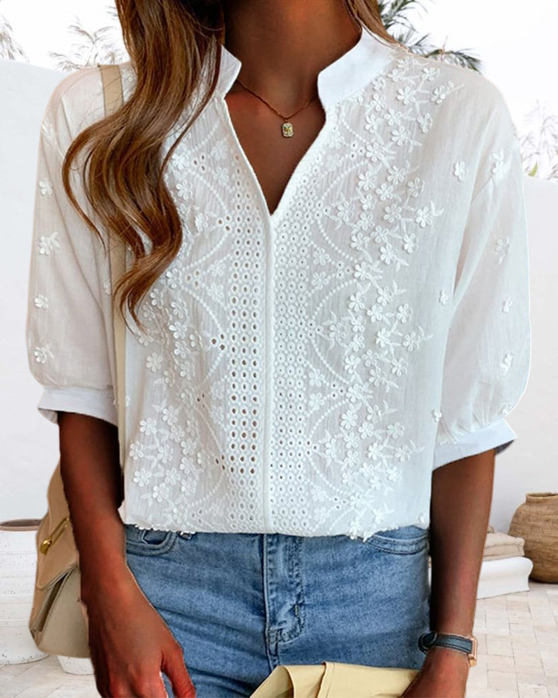Bluzka damska z haftowanymi bufkami – Luźna letnia bluzka do smart casual