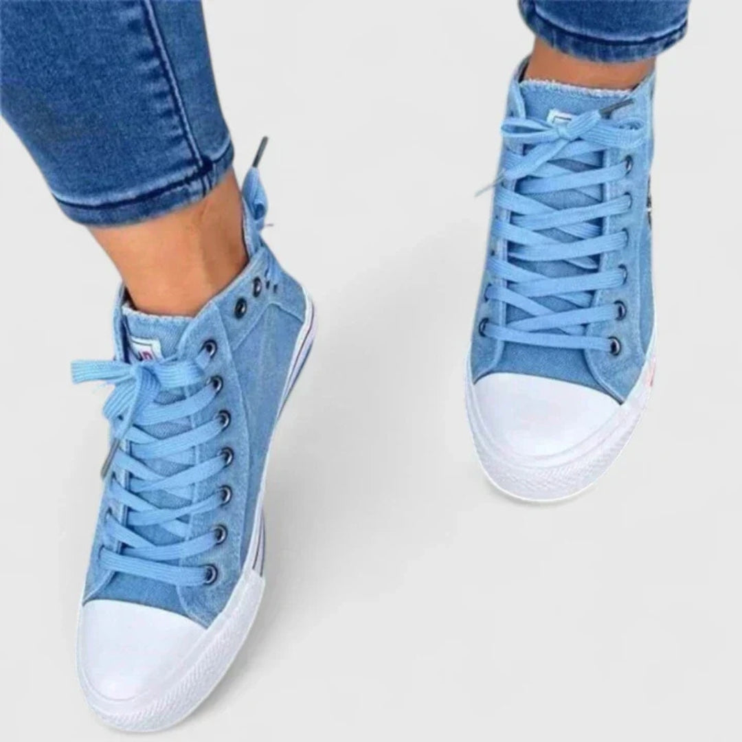 Damskie Trampki Denimowe Wysokie – Lekkie Sneakersy z Zapięciem na Sznurowadła i Boczny Zamek