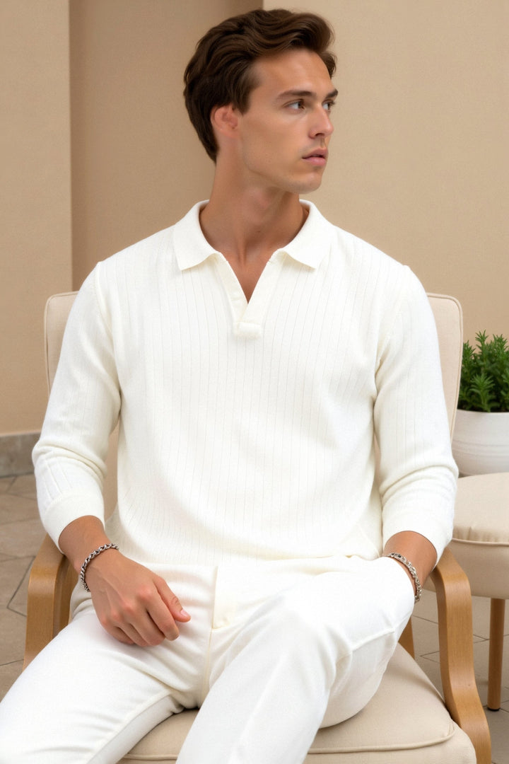 Męska koszulka polo z ribbowanej dzianiny, długi rękaw, smart casual