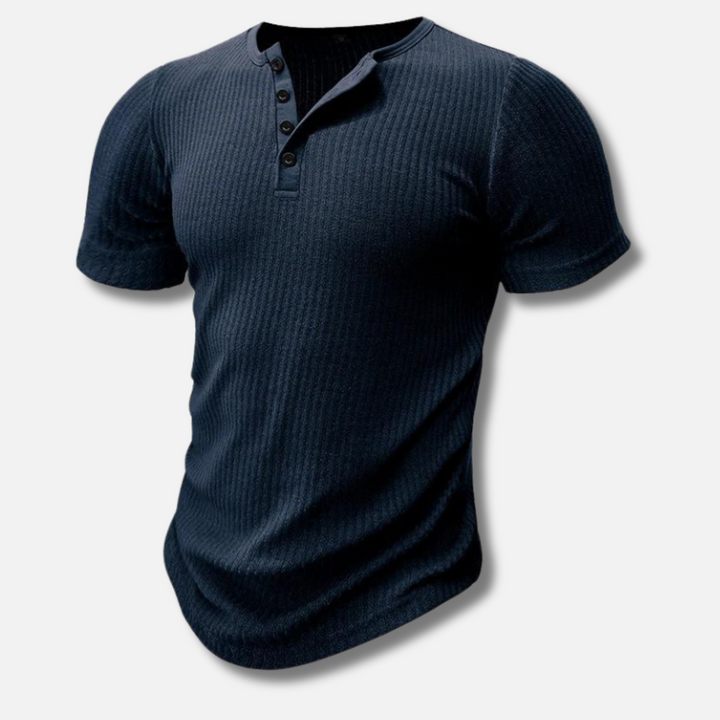 Męska koszulka Henley z krótkim rękawem w wąskim kroju z prążkowanej tkaniny