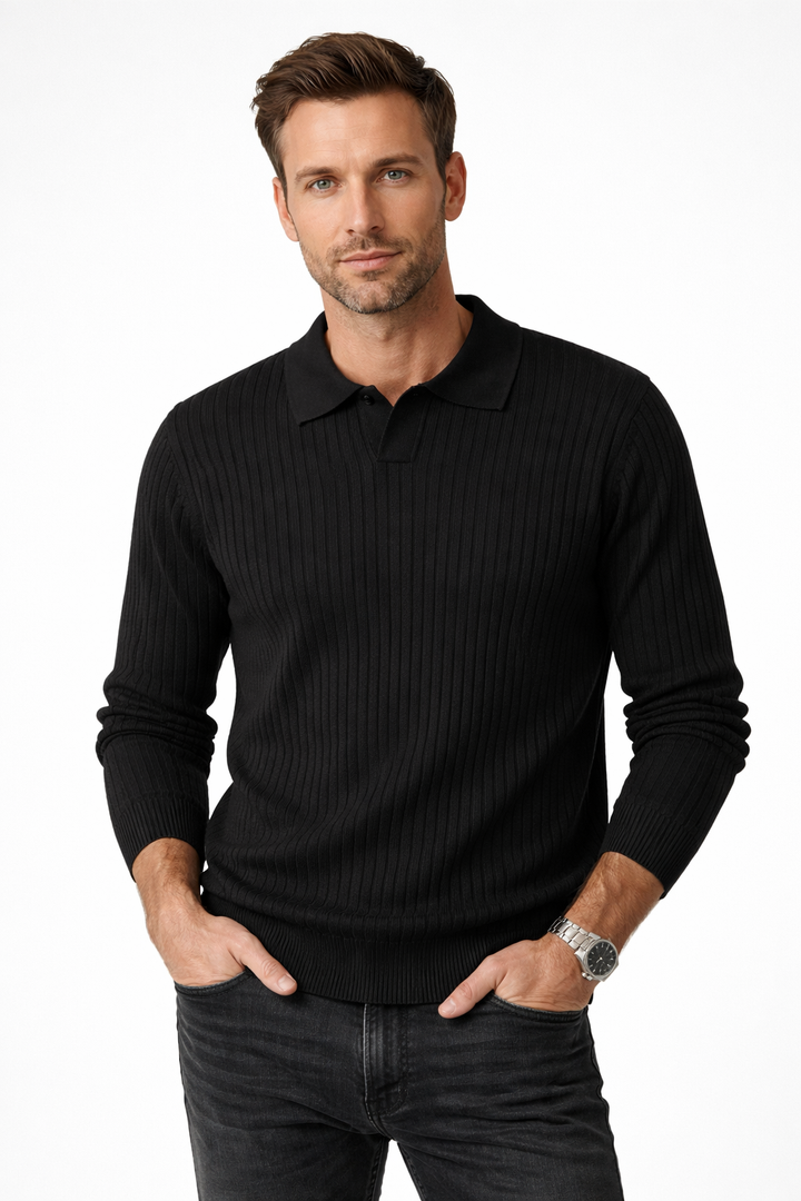 Męski sweter polo z prążkowanej dzianiny, V-neck, slim fit