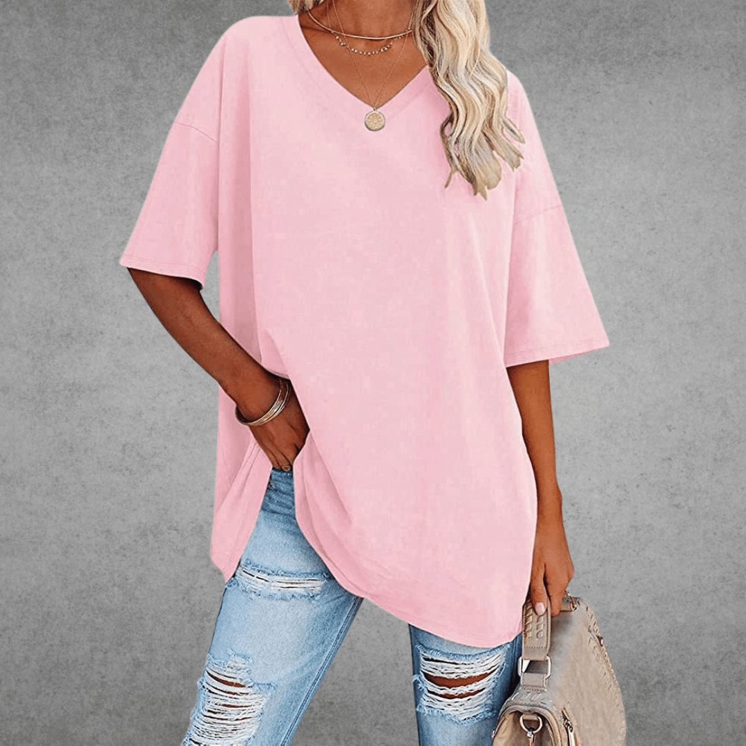 Kobiece Oversize T-Shirt z Dekoltem w Serek i Krótkim Rękawem