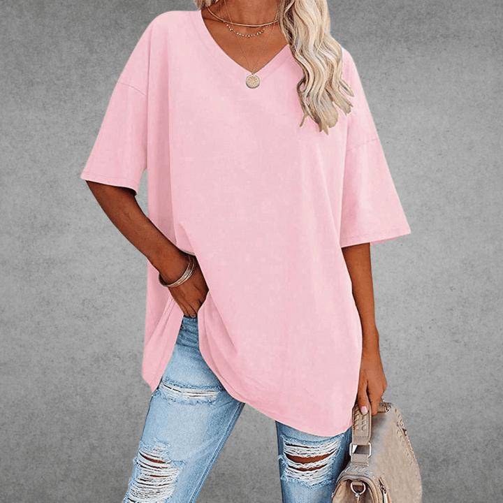 Kobiece Oversize T-Shirt z Dekoltem w Serek i Krótkim Rękawem