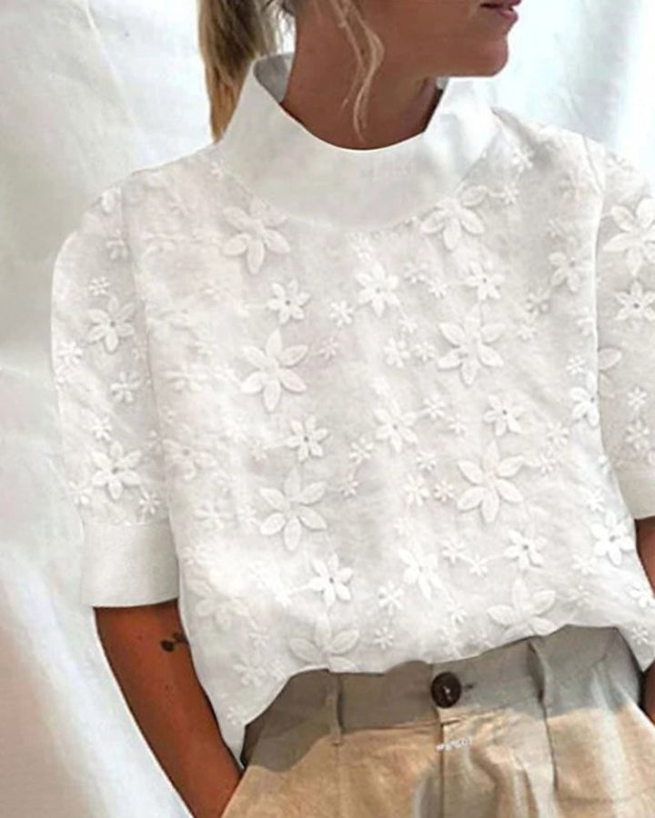 Bluzka damska z wysokim dekoltem – Krótki rękaw, drukowany top do smart casual