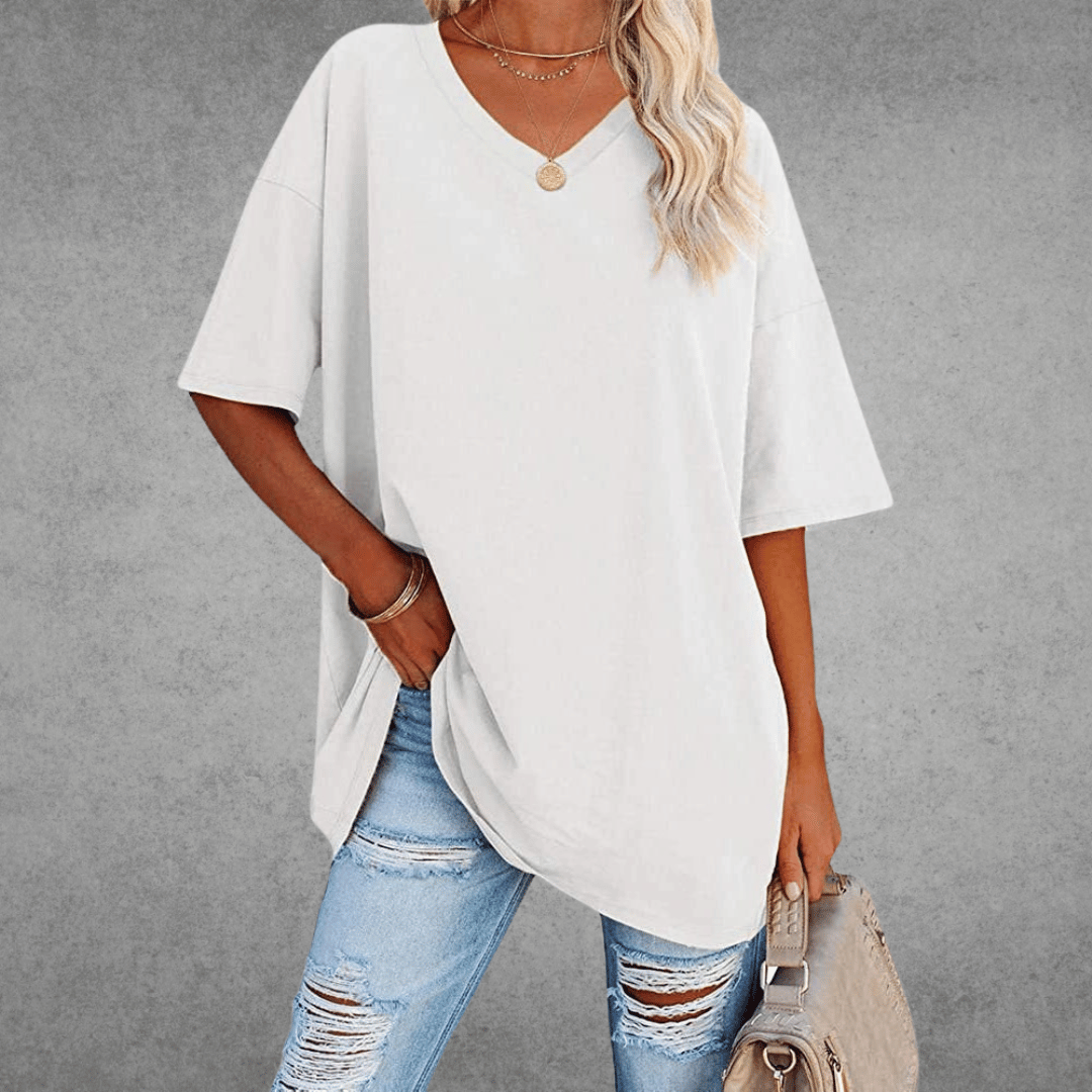 Kobiece Oversize T-Shirt z Dekoltem w Serek i Krótkim Rękawem