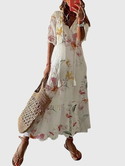 Damska Sukienka Boho Maxi w Print – Luźny Styl z Dekoltem w Serek na Lato i Okazje Codzienne