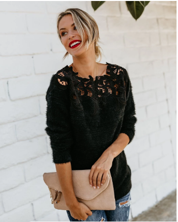 Damski sweter z koronkowym detalem, elegancki, z kwiatowym dekoltem, miękki i lekki