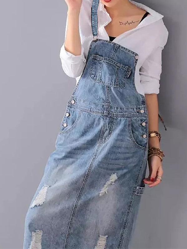 Kobiece Dżinsowe Pinafore Maxi Sukienka z Kieszeniami