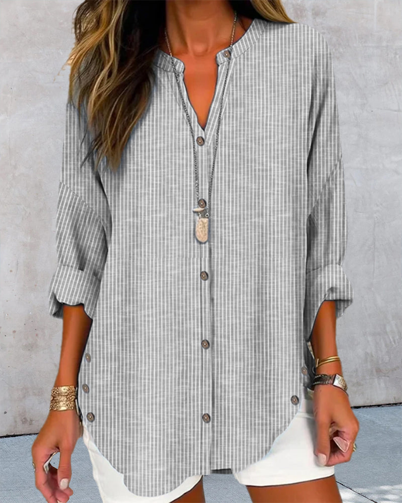 Damska Luźna Bluzka Button-Up w Długim Kroju – Casual Letni Top na Co Dzień