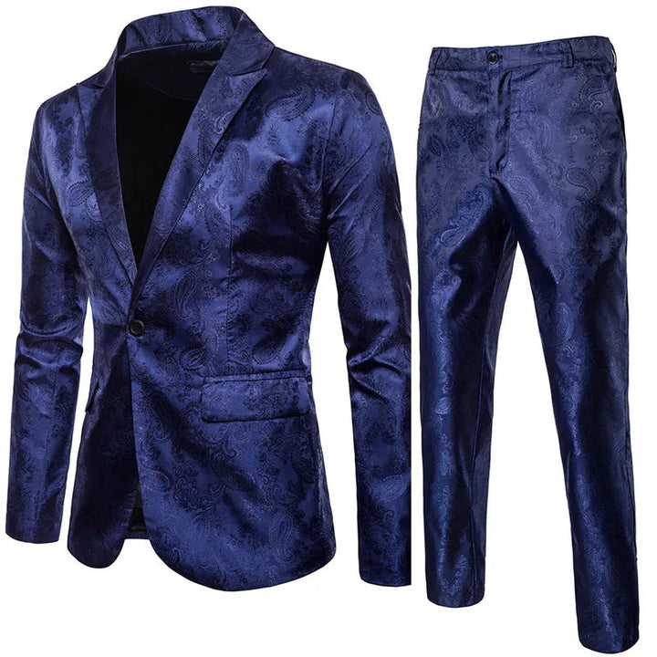 Męski garnitur jacquardowy w slim fit, formalna marynarka i spodnie