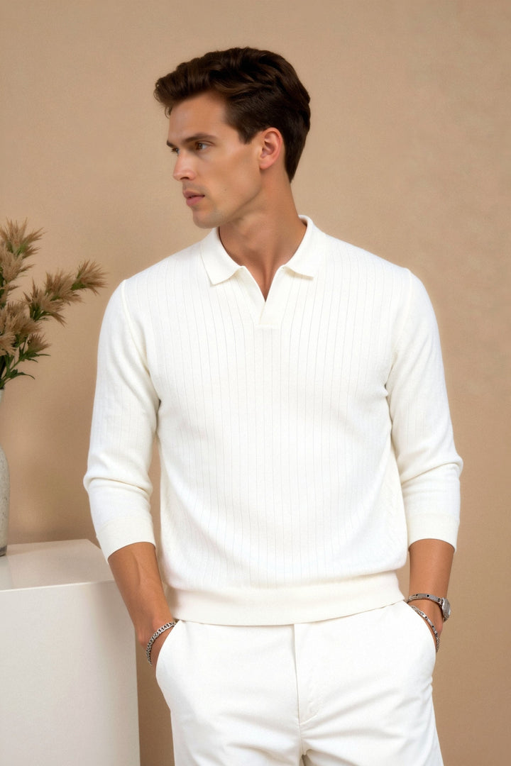 Męska koszulka polo z ribbowanej dzianiny, długi rękaw, smart casual