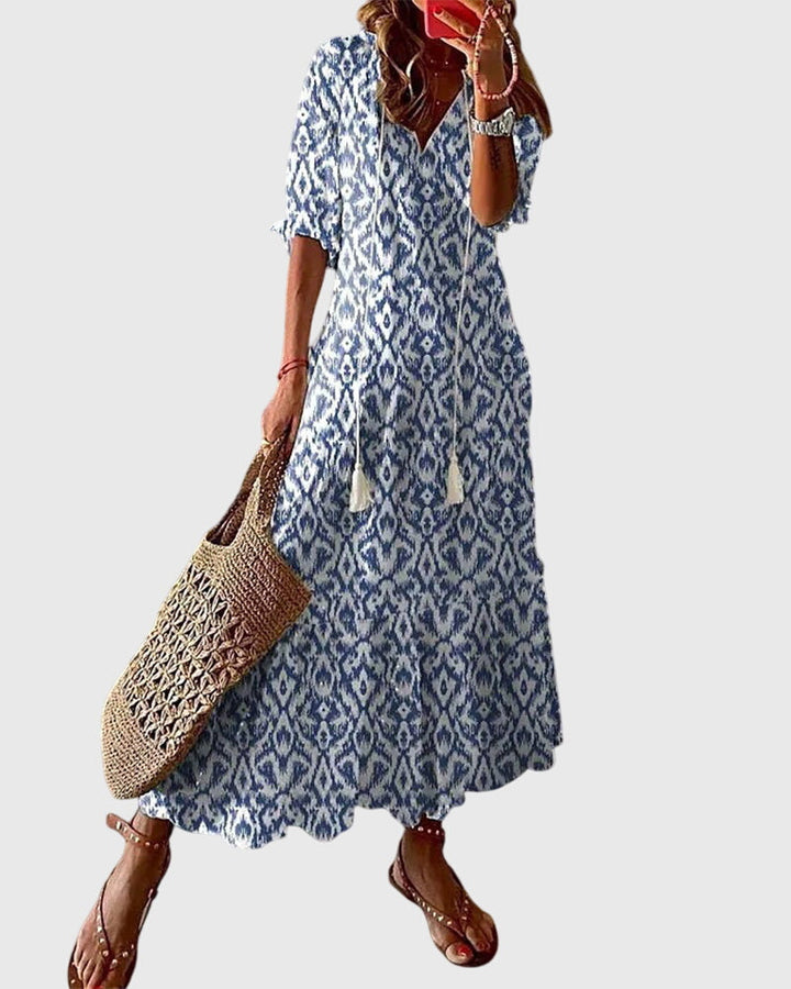 Damska Sukienka Boho Maxi w Print – Luźny Styl z Dekoltem w Serek na Lato i Okazje Codzienne
