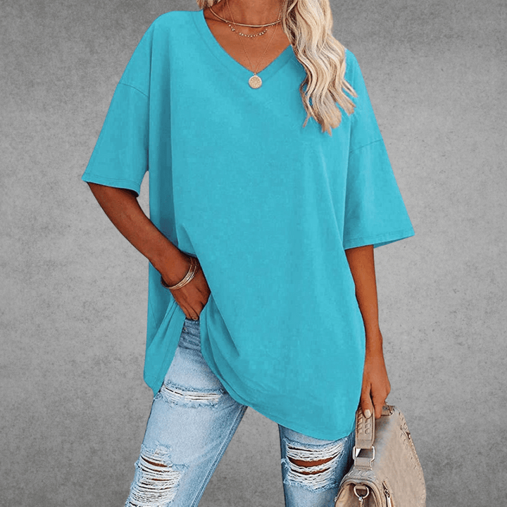 Kobiece Oversize T-Shirt z Dekoltem w Serek i Krótkim Rękawem