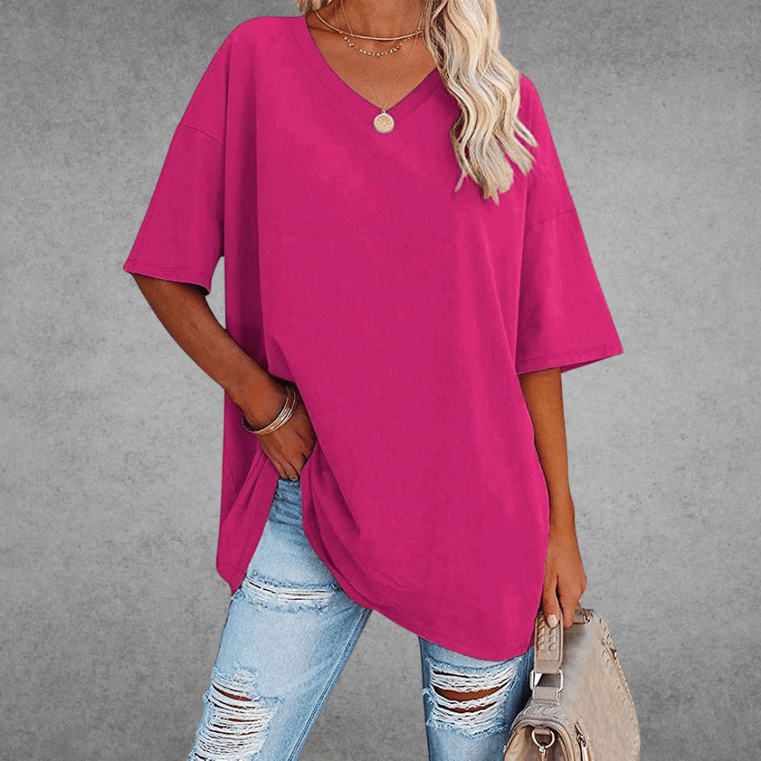 Kobiece Oversize T-Shirt z Dekoltem w Serek i Krótkim Rękawem