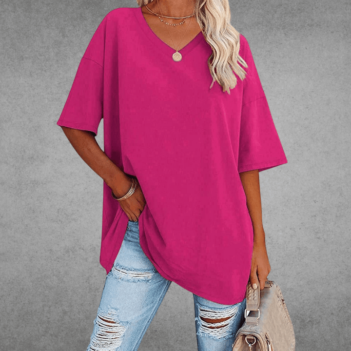 Kobiece Oversize T-Shirt z Dekoltem w Serek i Krótkim Rękawem