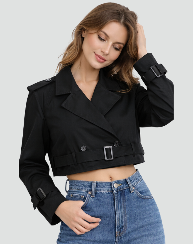 Kurtka Trencz Damska Krótka z Paskiem, Dopasowana, na Podwójne Guziki