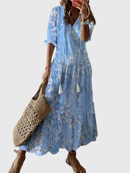 Damska Sukienka Boho Maxi w Print – Luźny Styl z Dekoltem w Serek na Lato i Okazje Codzienne