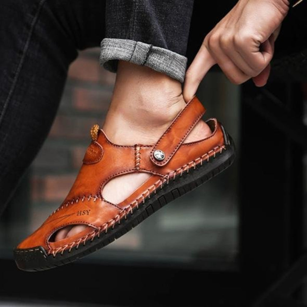 Męskie skórzane sandały z wycięciami, regulowany pasek, letnie buty