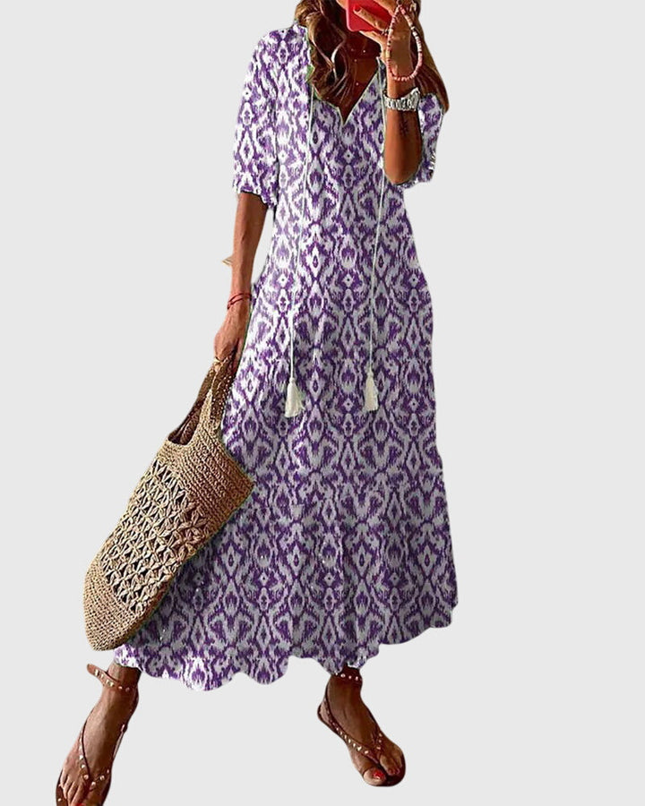 Damska Sukienka Boho Maxi w Print – Luźny Styl z Dekoltem w Serek na Lato i Okazje Codzienne